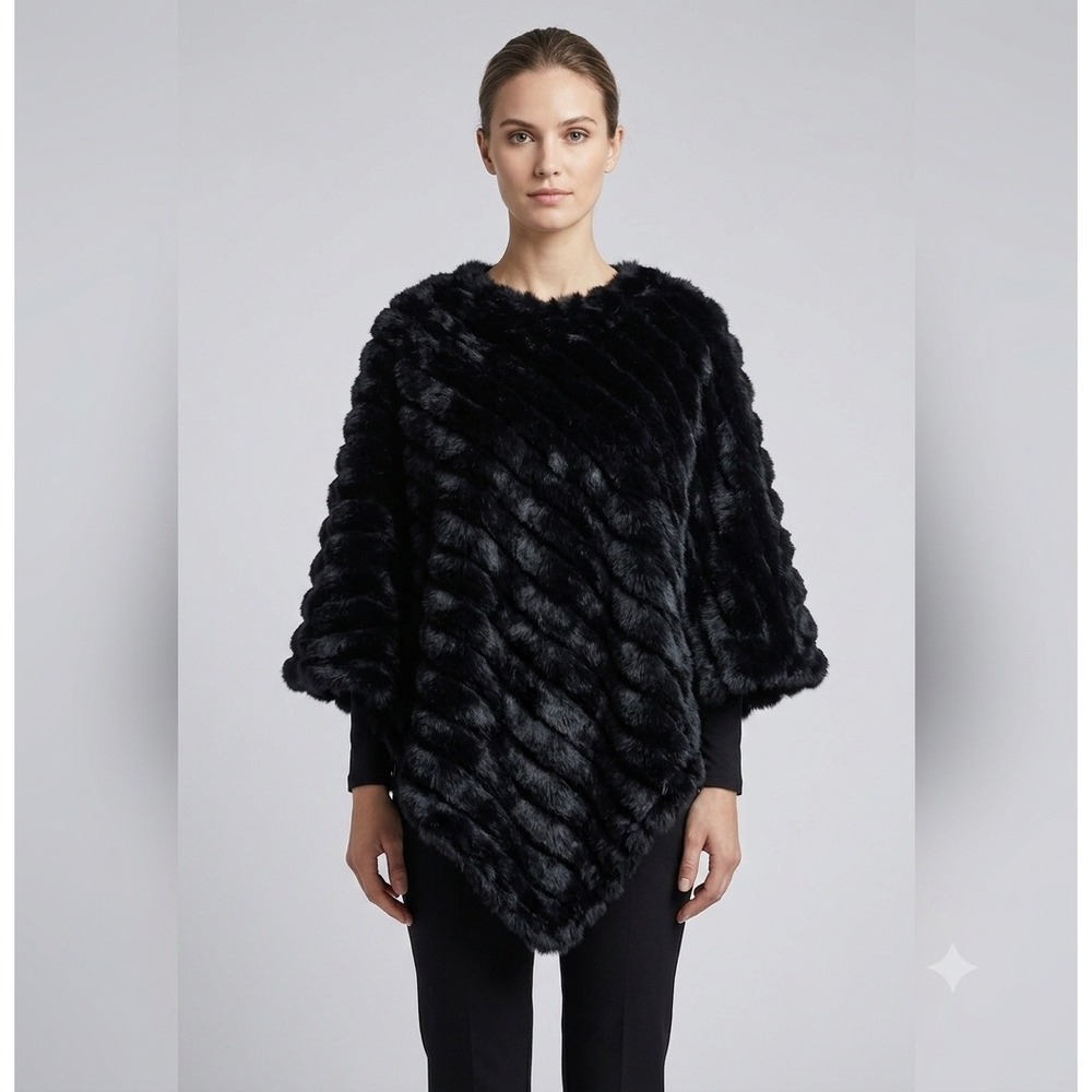 Escapade Black Real Rabbit Fur Knit Poncho Wrap One Size Luxury Outerwear